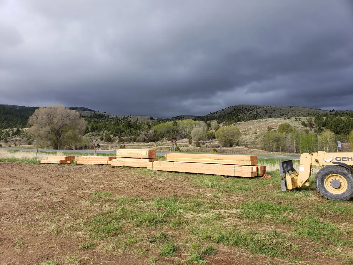 Heavy timber bent being assembled on the ground before raising